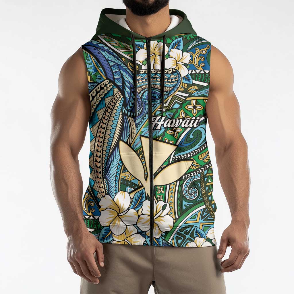 Personalised Hawaii Tribal Humpback Whale Sleeveless Zip Hoodie Omaomao Hibiscus Seamless Pattern