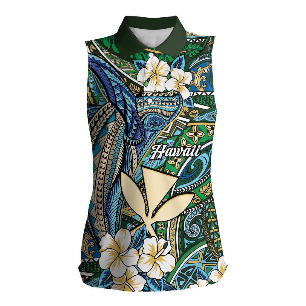 Personalised Hawaii Tribal Humpback Whale Women Sleeveless Polo Shirt Omaomao Hibiscus Seamless Pattern LT9 Female Green - Polynesian Pride