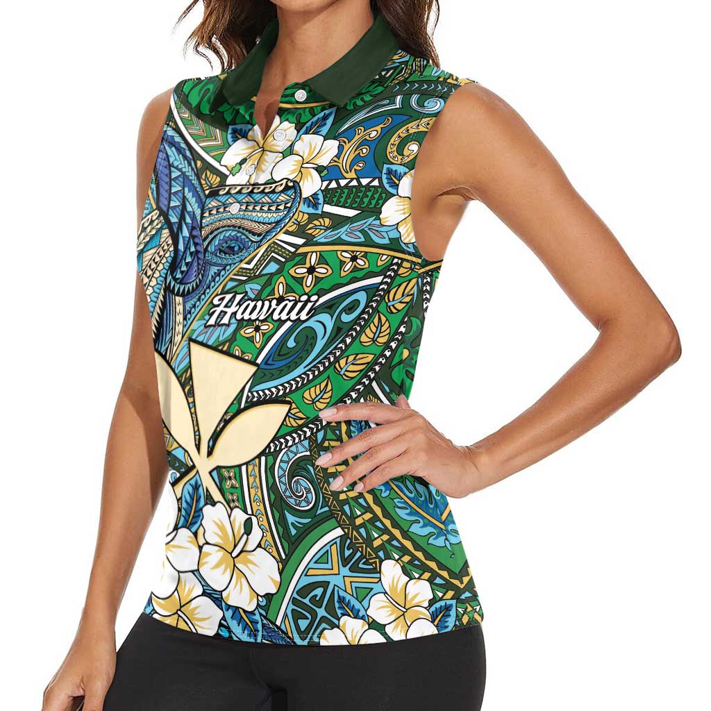 Personalised Hawaii Tribal Humpback Whale Women Sleeveless Polo Shirt Omaomao Hibiscus Seamless Pattern LT9 - Polynesian Pride