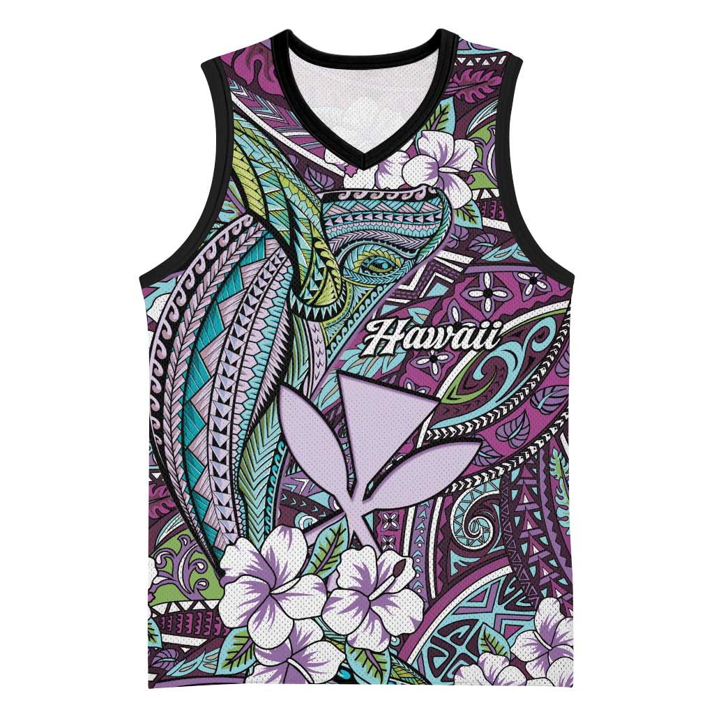Personalised Hawaii Tribal Humpback Whale Basketball Jersey Poni Hibiscus Seamless Pattern LT9 Unisex Purple - Polynesian Pride