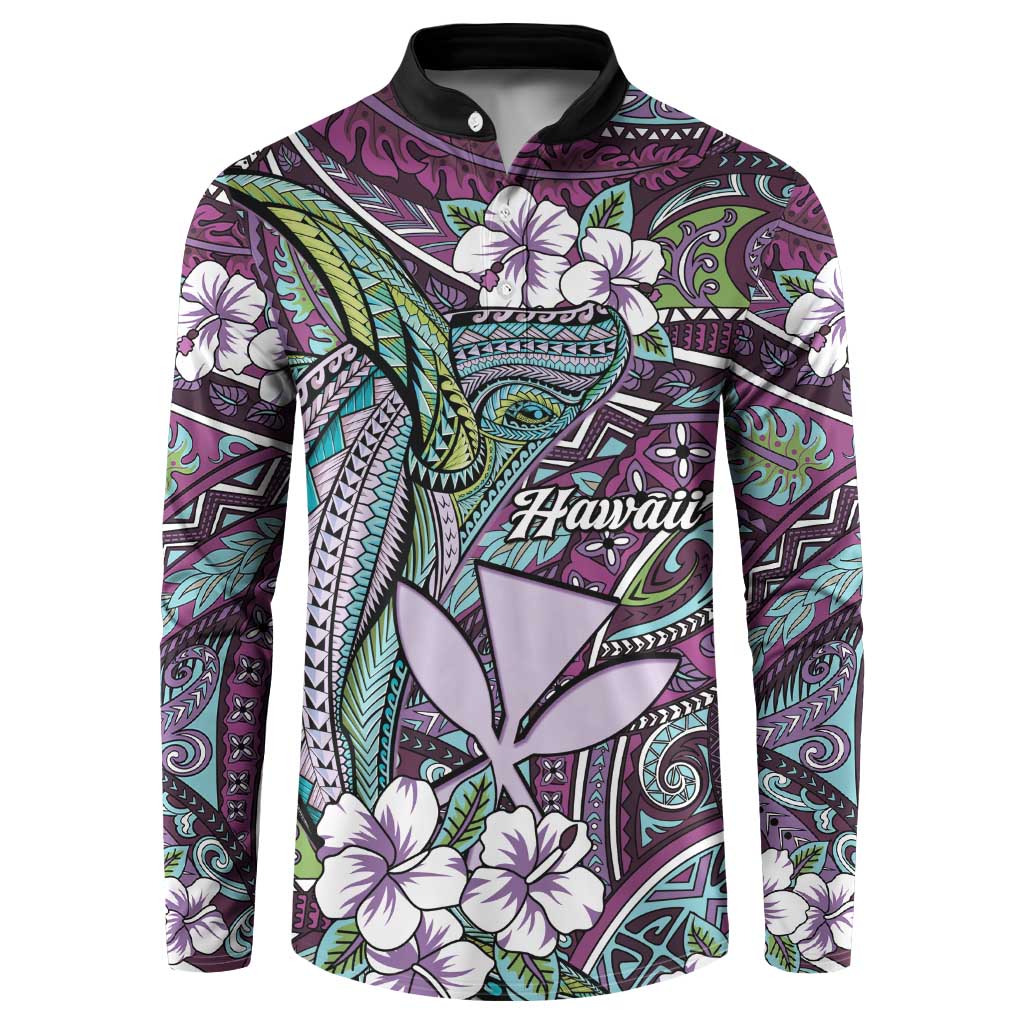 Personalised Hawaii Tribal Humpback Whale Button Sweatshirt Poni Hibiscus Seamless Pattern LT9 Purple - Polynesian Pride