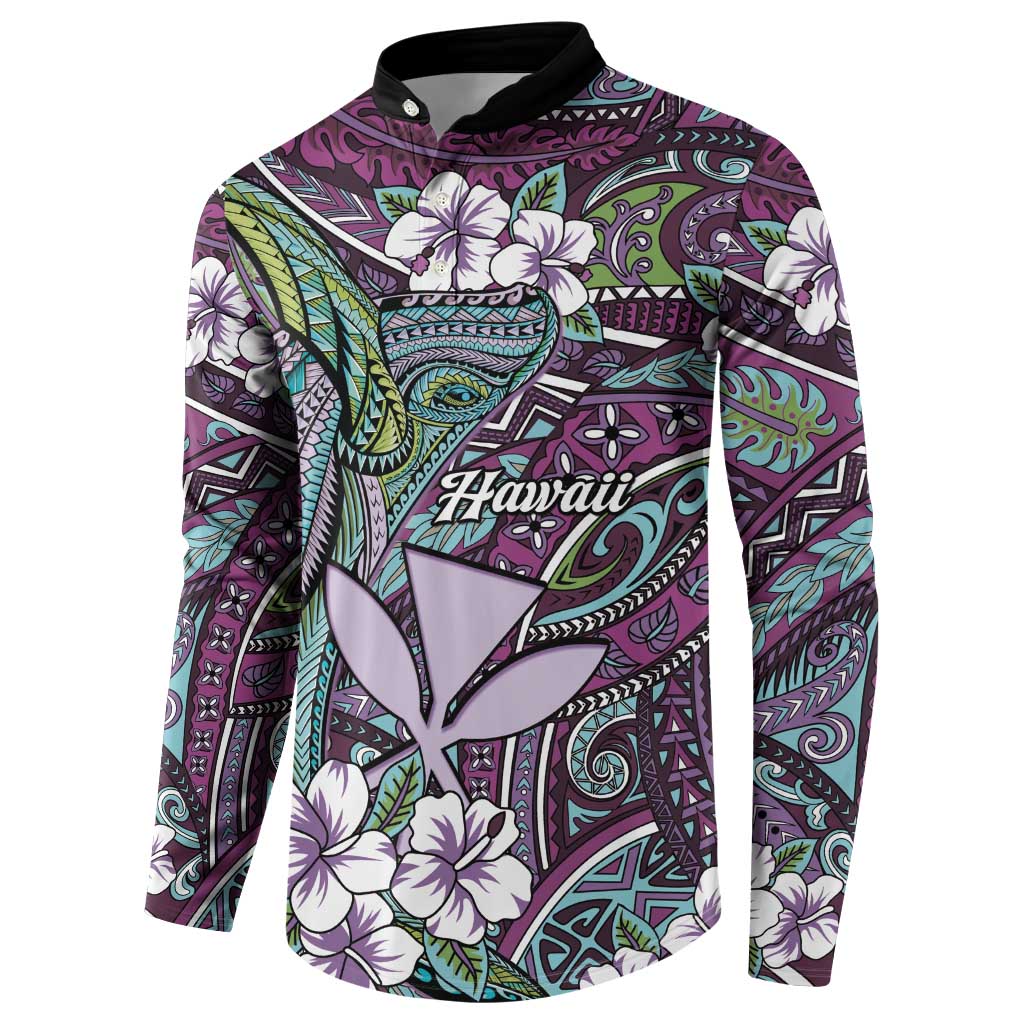 Personalised Hawaii Tribal Humpback Whale Button Sweatshirt Poni Hibiscus Seamless Pattern LT9 - Polynesian Pride