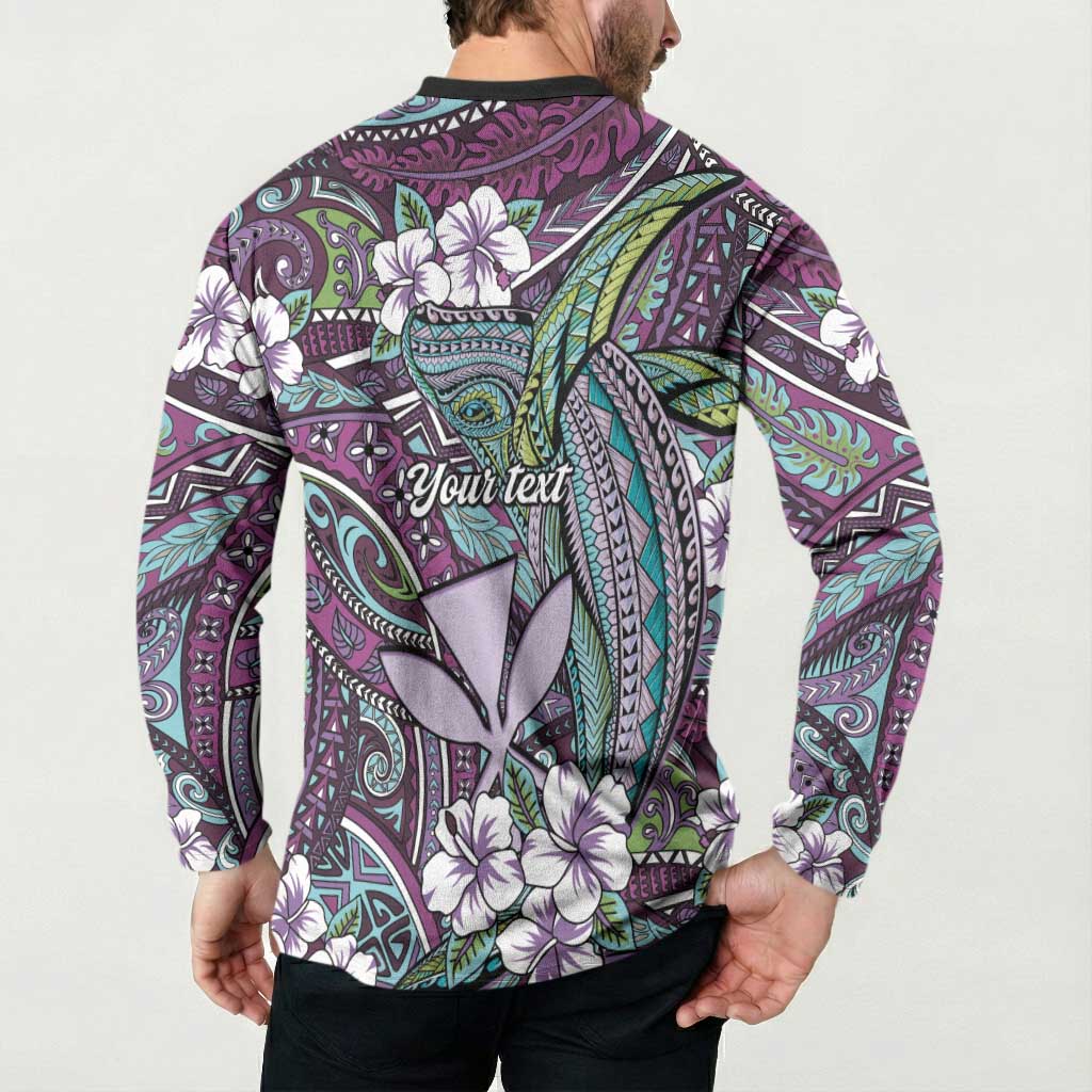 Personalised Hawaii Tribal Humpback Whale Button Sweatshirt Poni Hibiscus Seamless Pattern LT9 - Polynesian Pride