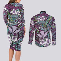 Personalised Hawaii Tribal Humpback Whale Couples Matching Long Sleeve Bodycon Dress and Long Sleeve Button Shirt Poni Hibiscus Seamless Pattern LT9 - Polynesian Pride