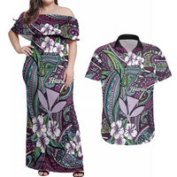 Personalised Hawaii Tribal Humpback Whale Couples Matching Off Shoulder Maxi Dress and Hawaiian Shirt Poni Hibiscus Seamless Pattern LT9 Purple - Polynesian Pride
