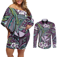 Personalised Hawaii Tribal Humpback Whale Couples Matching Off Shoulder Short Dress and Long Sleeve Button Shirt Poni Hibiscus Seamless Pattern