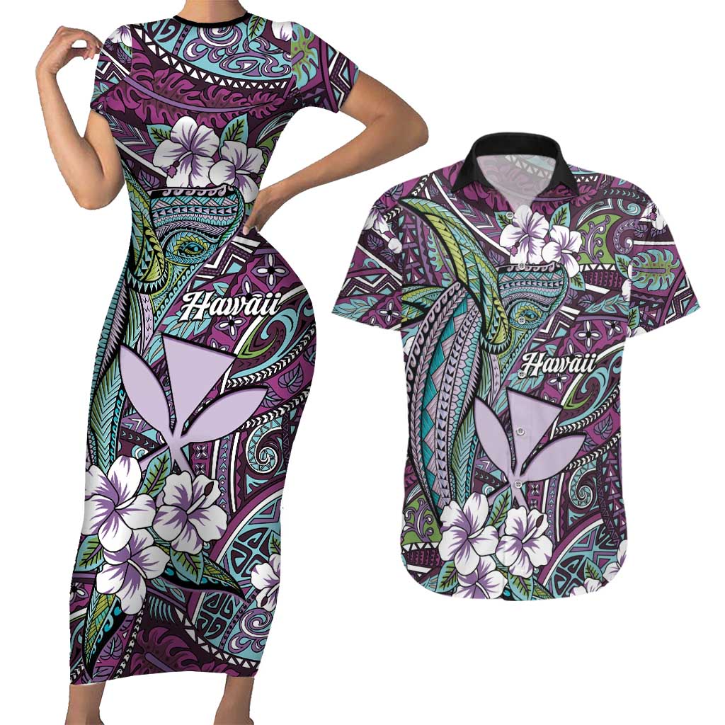 Personalised Hawaii Tribal Humpback Whale Couples Matching Short Sleeve Bodycon Dress and Hawaiian Shirt Poni Hibiscus Seamless Pattern LT9 Purple - Polynesian Pride