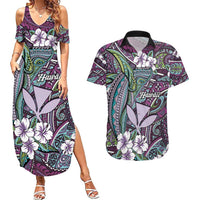 Personalised Hawaii Tribal Humpback Whale Couples Matching Summer Maxi Dress and Hawaiian Shirt Poni Hibiscus Seamless Pattern LT9 Purple - Polynesian Pride