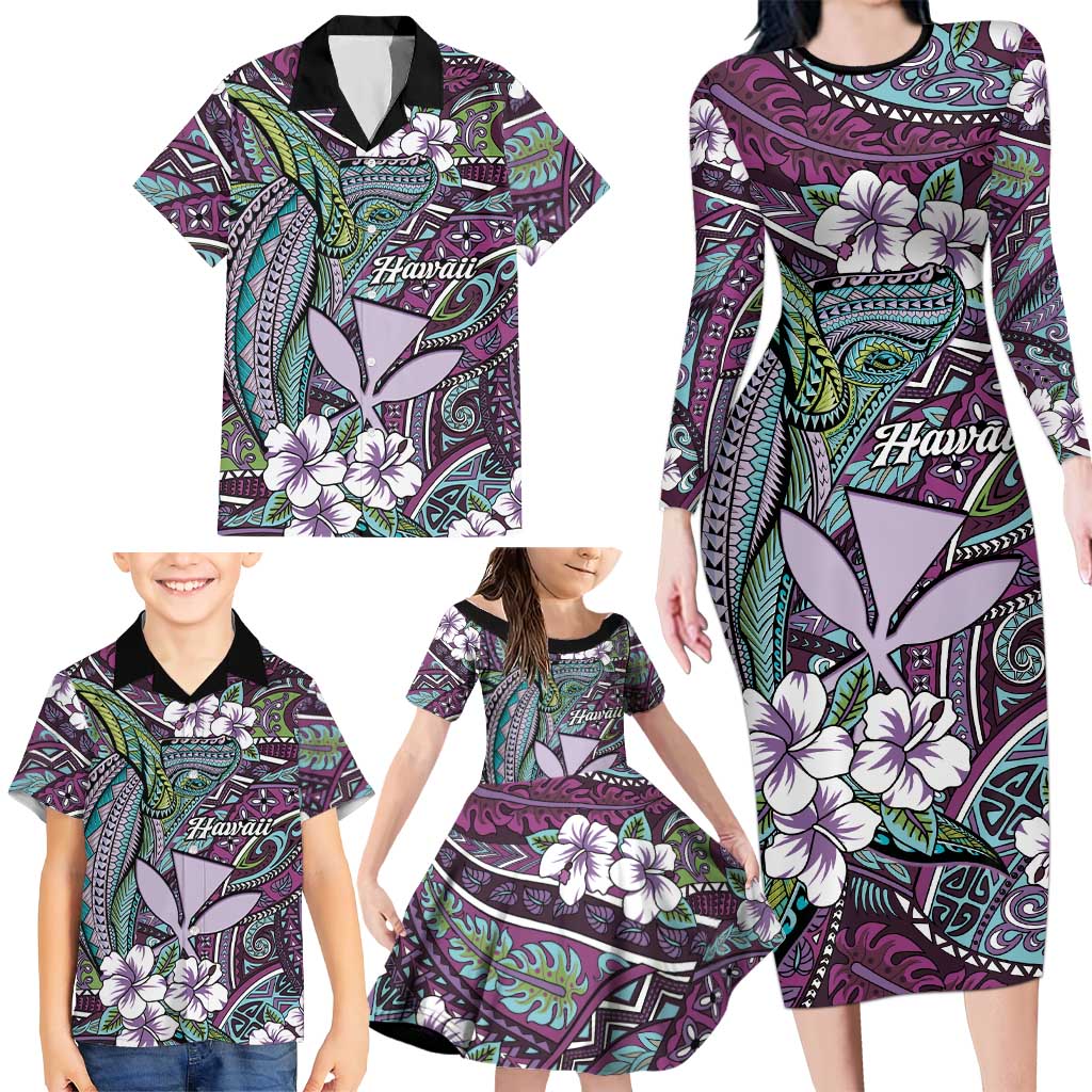 Personalised Hawaii Tribal Humpback Whale Family Matching Long Sleeve Bodycon Dress and Hawaiian Shirt Poni Hibiscus Seamless Pattern