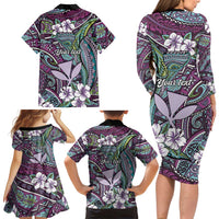 Personalised Hawaii Tribal Humpback Whale Family Matching Long Sleeve Bodycon Dress and Hawaiian Shirt Poni Hibiscus Seamless Pattern