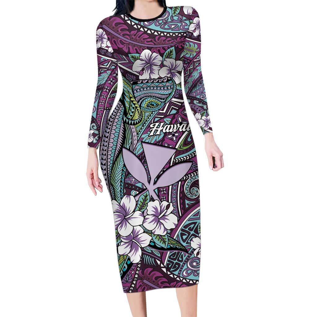 Personalised Hawaii Tribal Humpback Whale Family Matching Long Sleeve Bodycon Dress and Hawaiian Shirt Poni Hibiscus Seamless Pattern