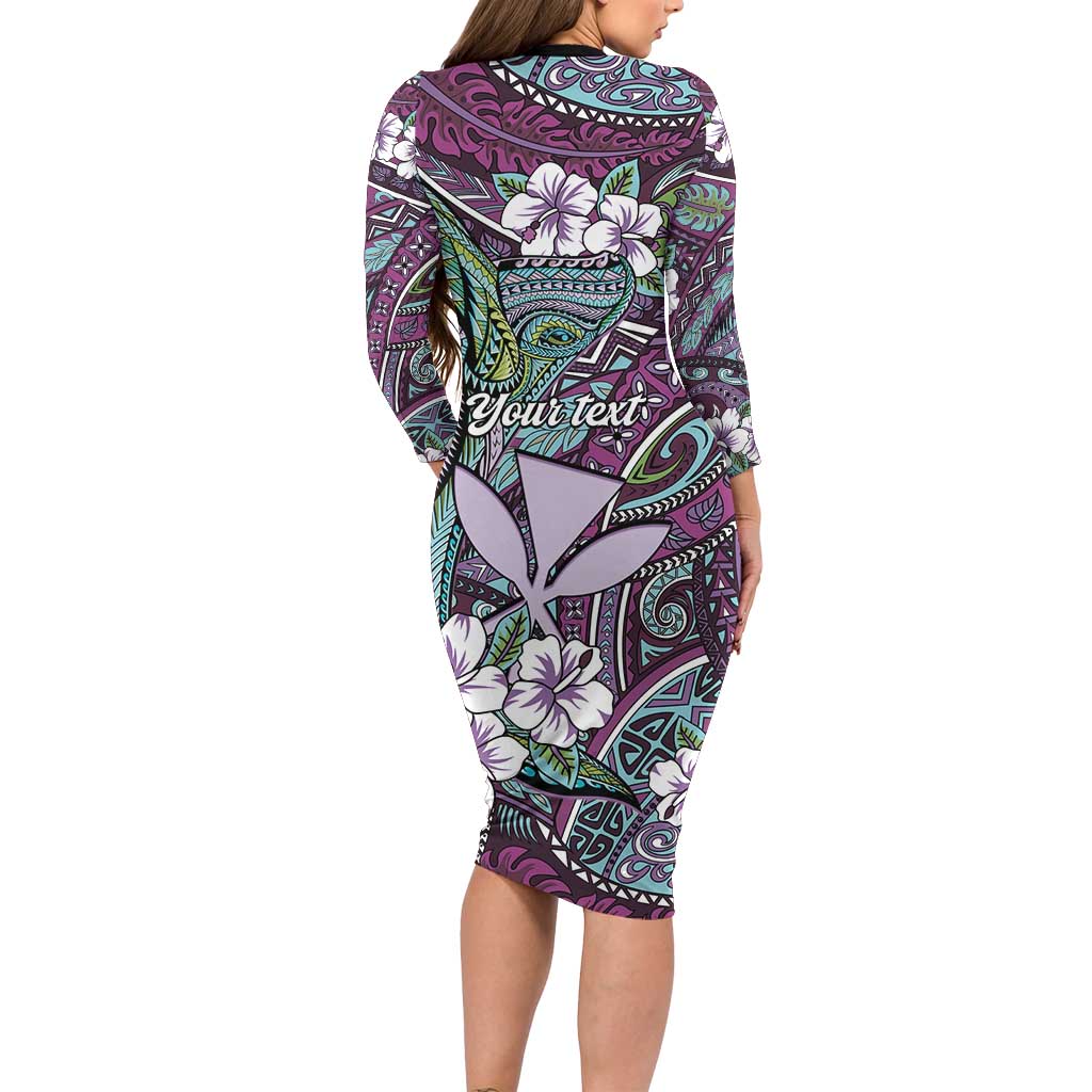 Personalised Hawaii Tribal Humpback Whale Family Matching Long Sleeve Bodycon Dress and Hawaiian Shirt Poni Hibiscus Seamless Pattern