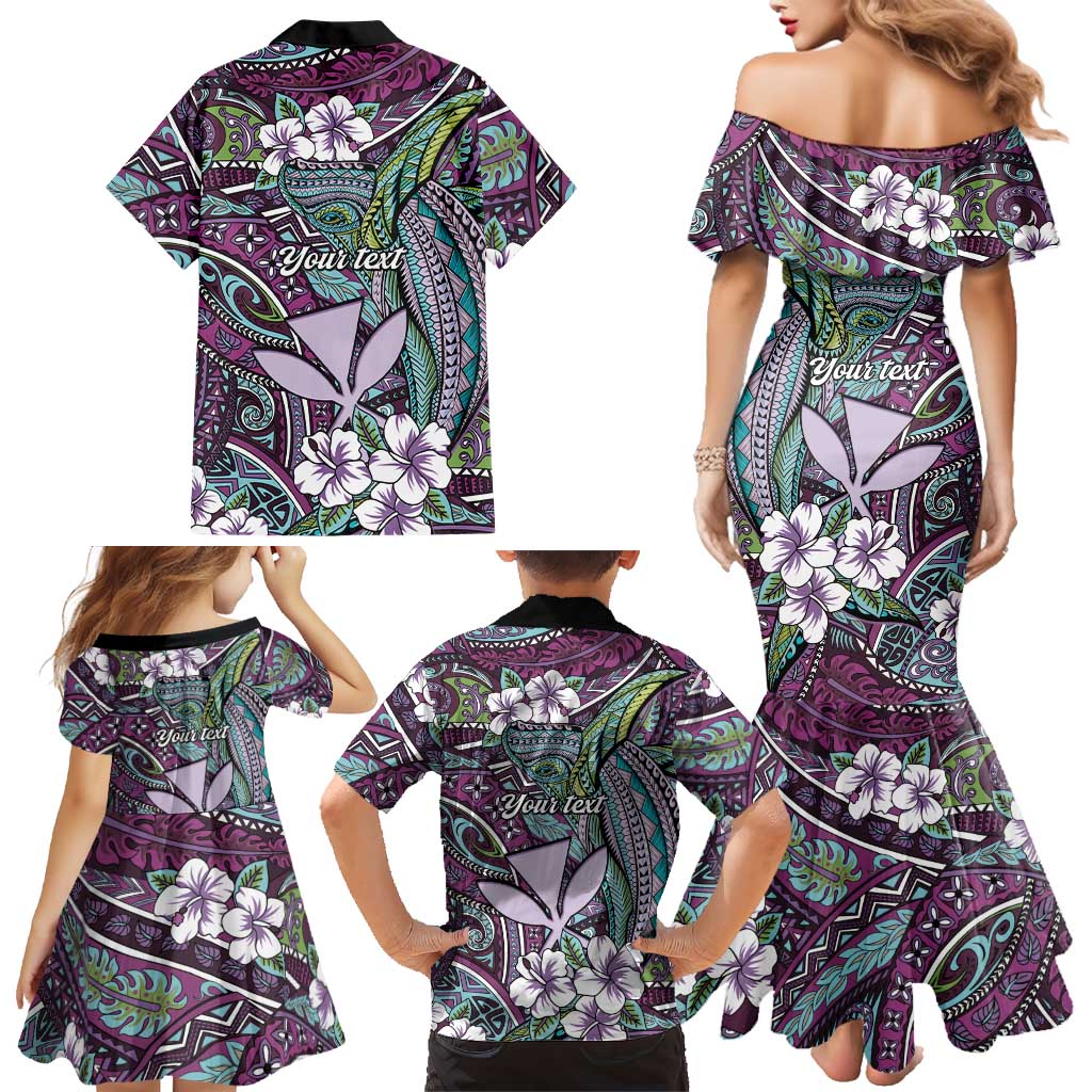 Personalised Hawaii Tribal Humpback Whale Family Matching Mermaid Dress and Hawaiian Shirt Poni Hibiscus Seamless Pattern