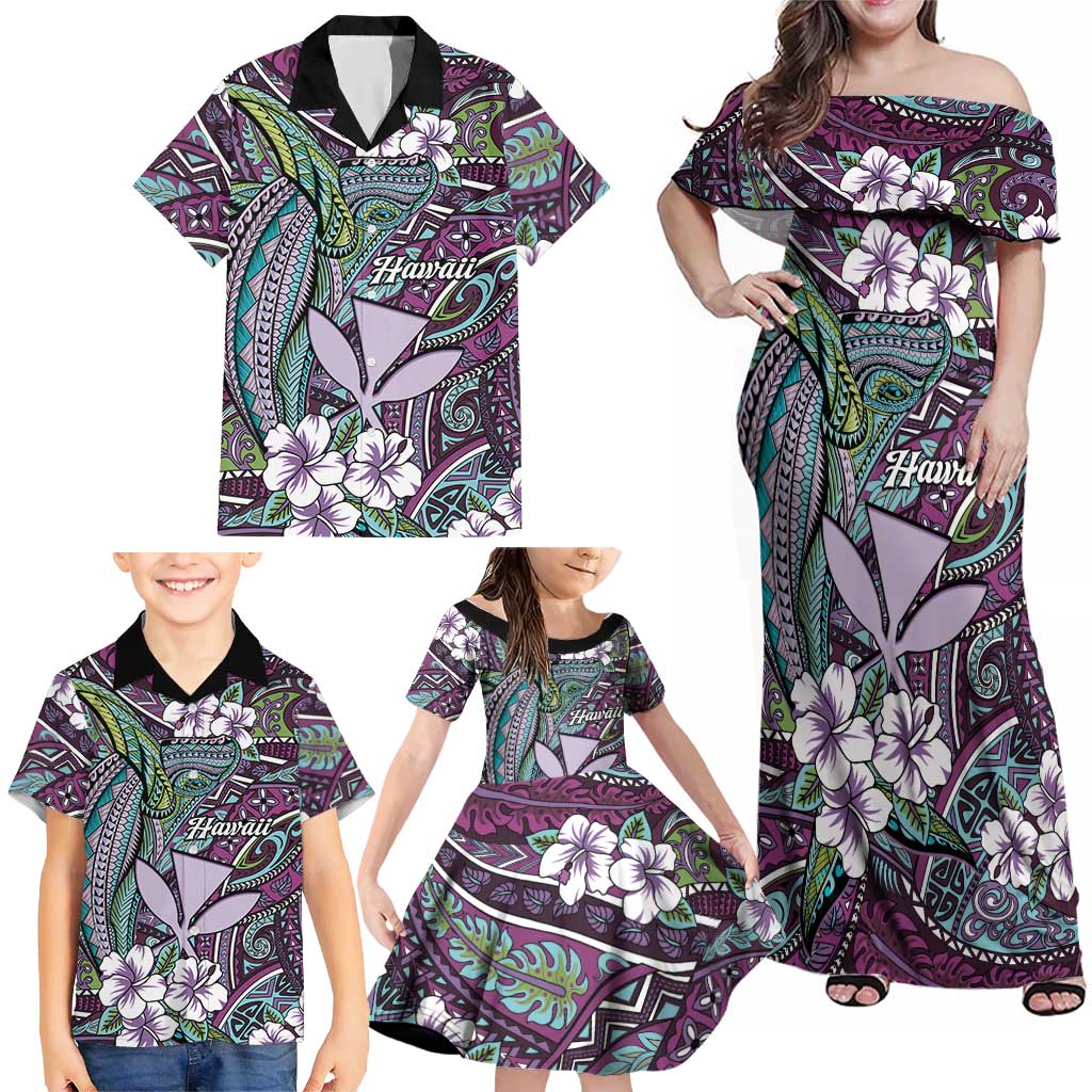 Personalised Hawaii Tribal Humpback Whale Family Matching Off Shoulder Maxi Dress and Hawaiian Shirt Poni Hibiscus Seamless Pattern LT9 - Polynesian Pride