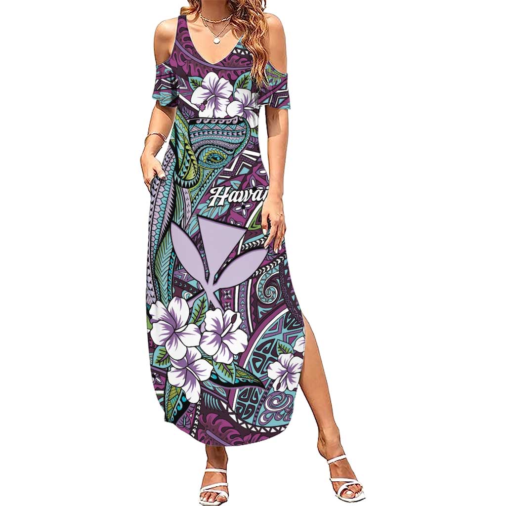 Personalised Hawaii Tribal Humpback Whale Family Matching Summer Maxi Dress and Hawaiian Shirt Poni Hibiscus Seamless Pattern LT9 Mom's Dress Purple - Polynesian Pride