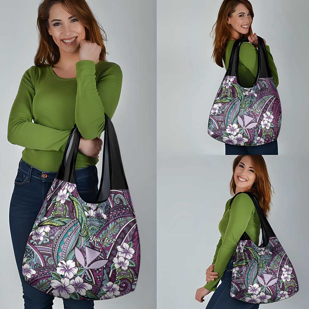 Personalised Hawaii Tribal Humpback Whale Grocery Bag Poni Hibiscus Seamless Pattern