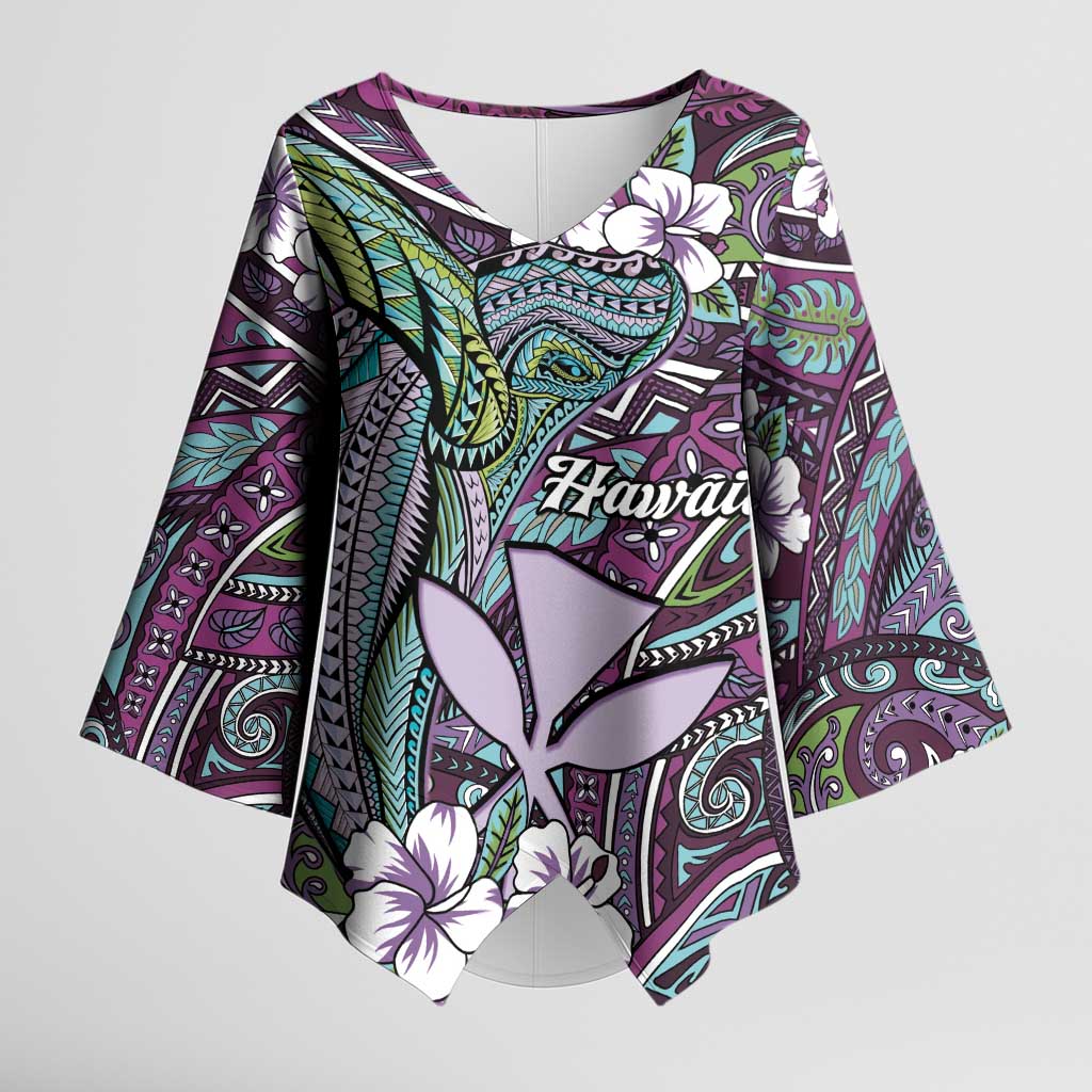 Personalised Hawaii Tribal Humpback Whale Kimono Sleeve Blouse Poni Hibiscus Seamless Pattern LT9 Female Purple - Polynesian Pride