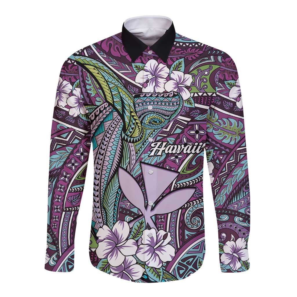Personalised Hawaii Tribal Humpback Whale Long Sleeve Button Shirt Poni Hibiscus Seamless Pattern