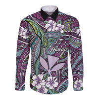 Personalised Hawaii Tribal Humpback Whale Long Sleeve Button Shirt Poni Hibiscus Seamless Pattern