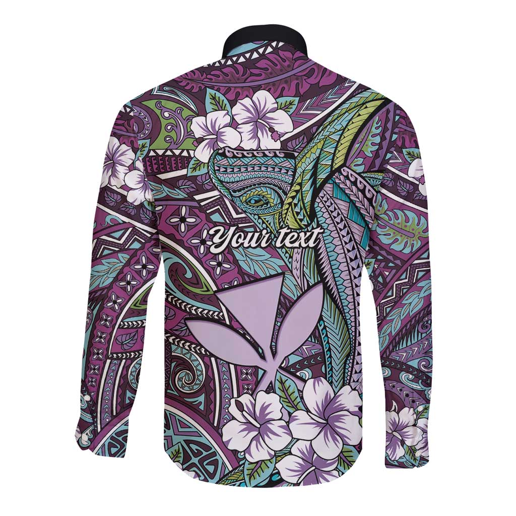 Personalised Hawaii Tribal Humpback Whale Long Sleeve Button Shirt Poni Hibiscus Seamless Pattern