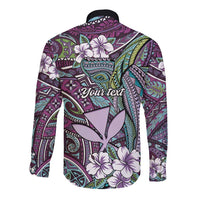 Personalised Hawaii Tribal Humpback Whale Long Sleeve Button Shirt Poni Hibiscus Seamless Pattern