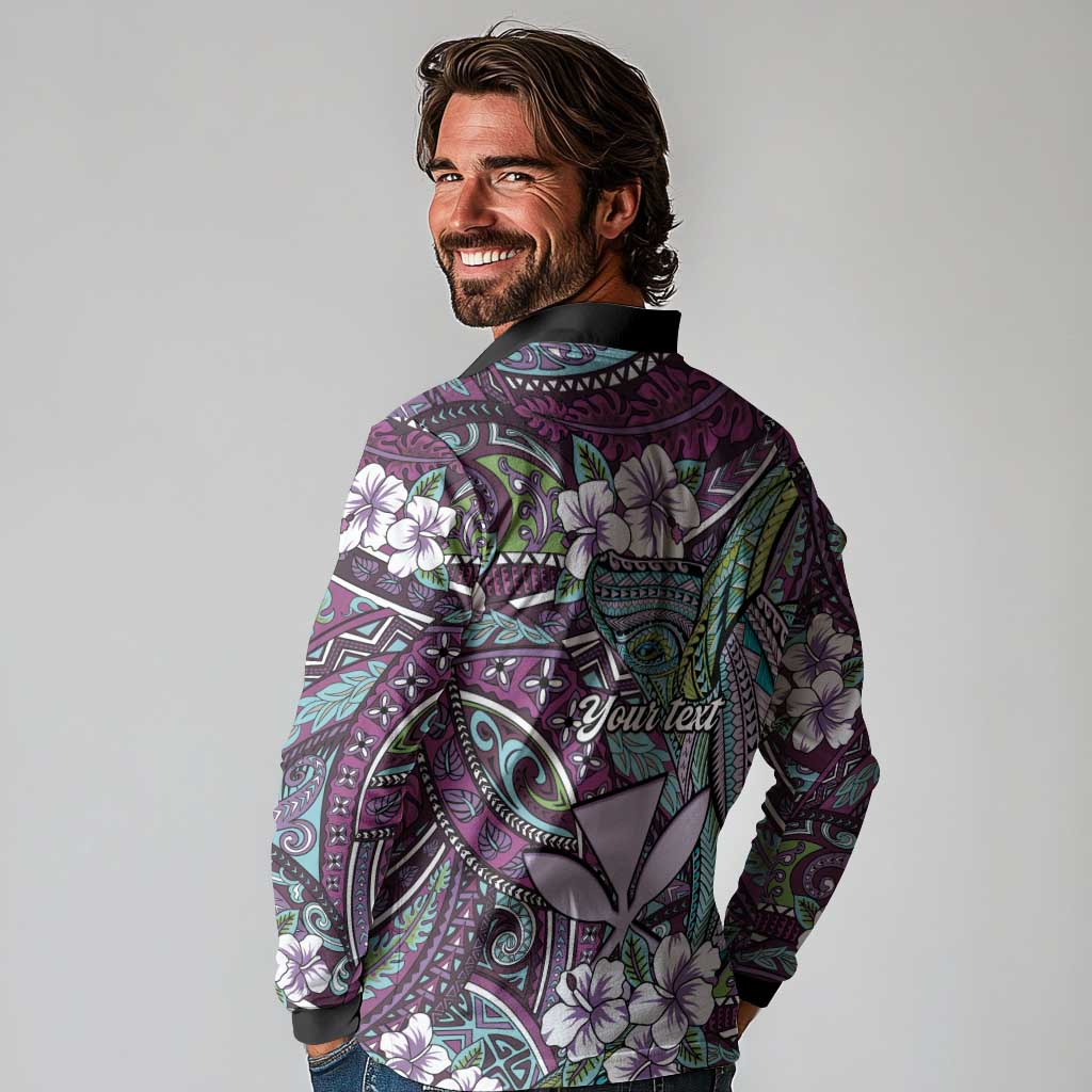 Personalised Hawaii Tribal Humpback Whale Long Sleeve Polo Shirt Poni Hibiscus Seamless Pattern