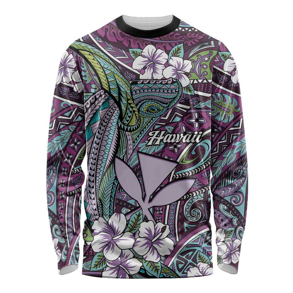 Personalised Hawaii Tribal Humpback Whale Long Sleeve Shirt Poni Hibiscus Seamless Pattern