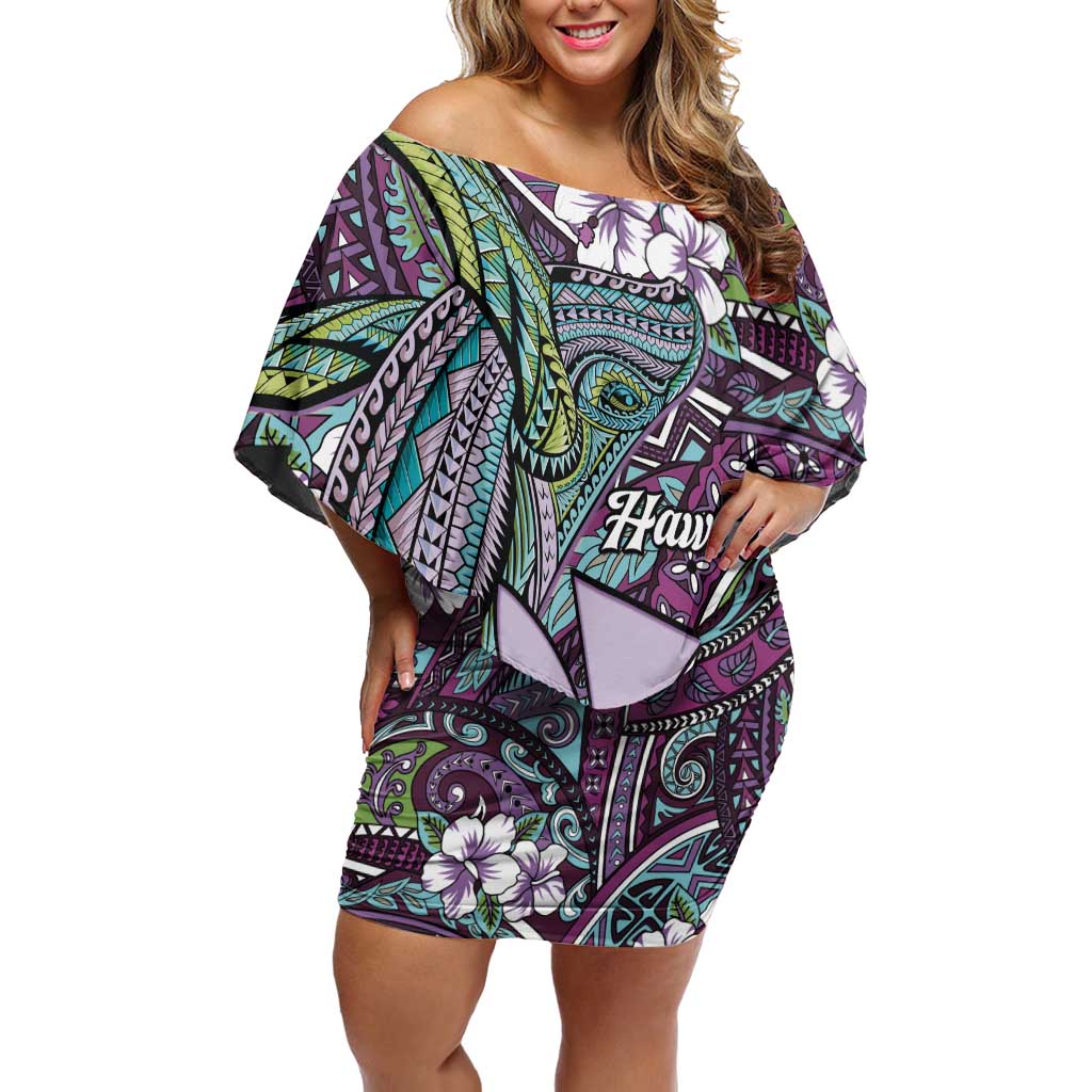 Personalised Hawaii Tribal Humpback Whale Off Shoulder Short Dress Poni Hibiscus Seamless Pattern LT9 Women Purple - Polynesian Pride