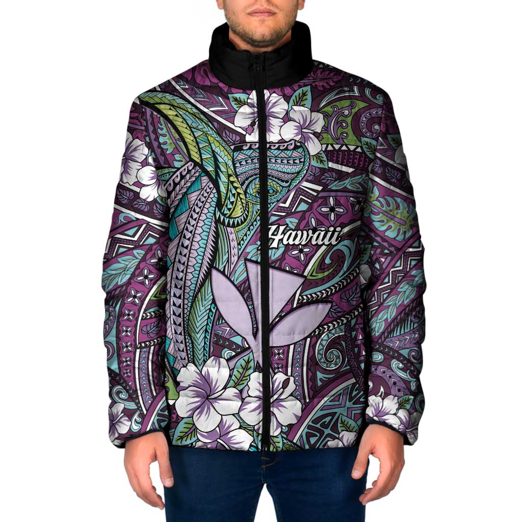 Personalised Hawaii Tribal Humpback Whale Padded Jacket Poni Hibiscus Seamless Pattern