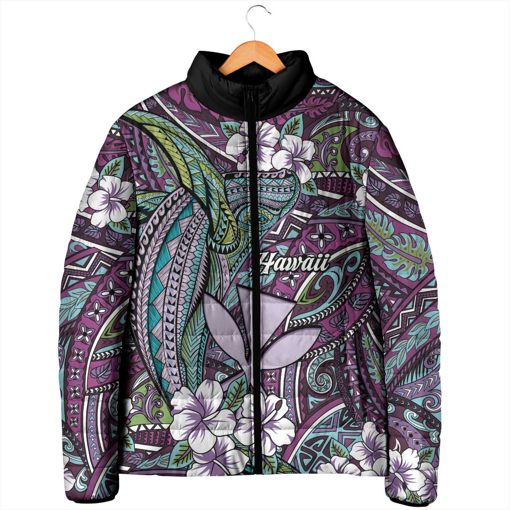 Personalised Hawaii Tribal Humpback Whale Padded Jacket Poni Hibiscus Seamless Pattern