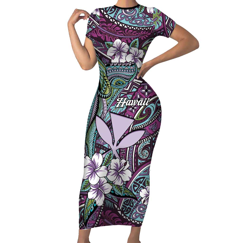Personalised Hawaii Tribal Humpback Whale Short Sleeve Bodycon Dress Poni Hibiscus Seamless Pattern LT9 Long Dress Purple - Polynesian Pride