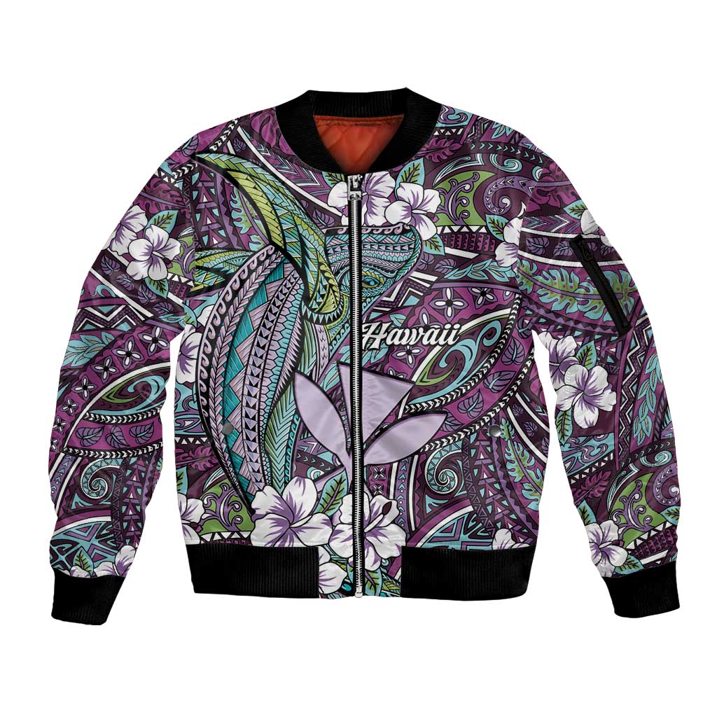 Personalised Hawaii Tribal Humpback Whale Sleeve Zip Bomber Jacket Poni Hibiscus Seamless Pattern