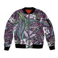 Personalised Hawaii Tribal Humpback Whale Sleeve Zip Bomber Jacket Poni Hibiscus Seamless Pattern