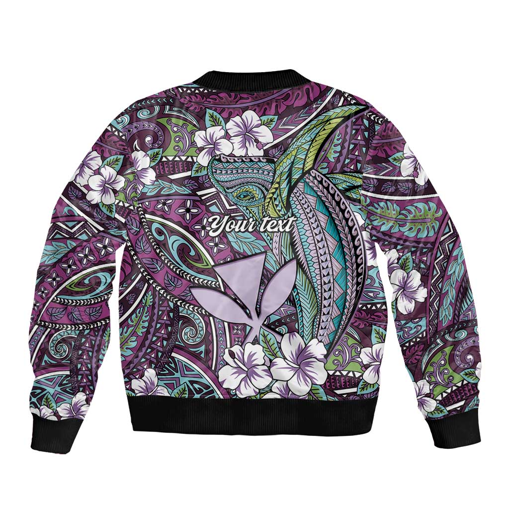 Personalised Hawaii Tribal Humpback Whale Sleeve Zip Bomber Jacket Poni Hibiscus Seamless Pattern