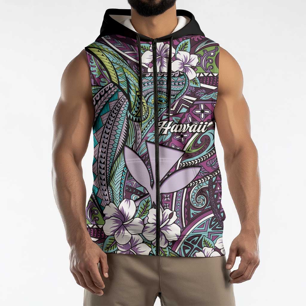 Personalised Hawaii Tribal Humpback Whale Sleeveless Zip Hoodie Poni Hibiscus Seamless Pattern