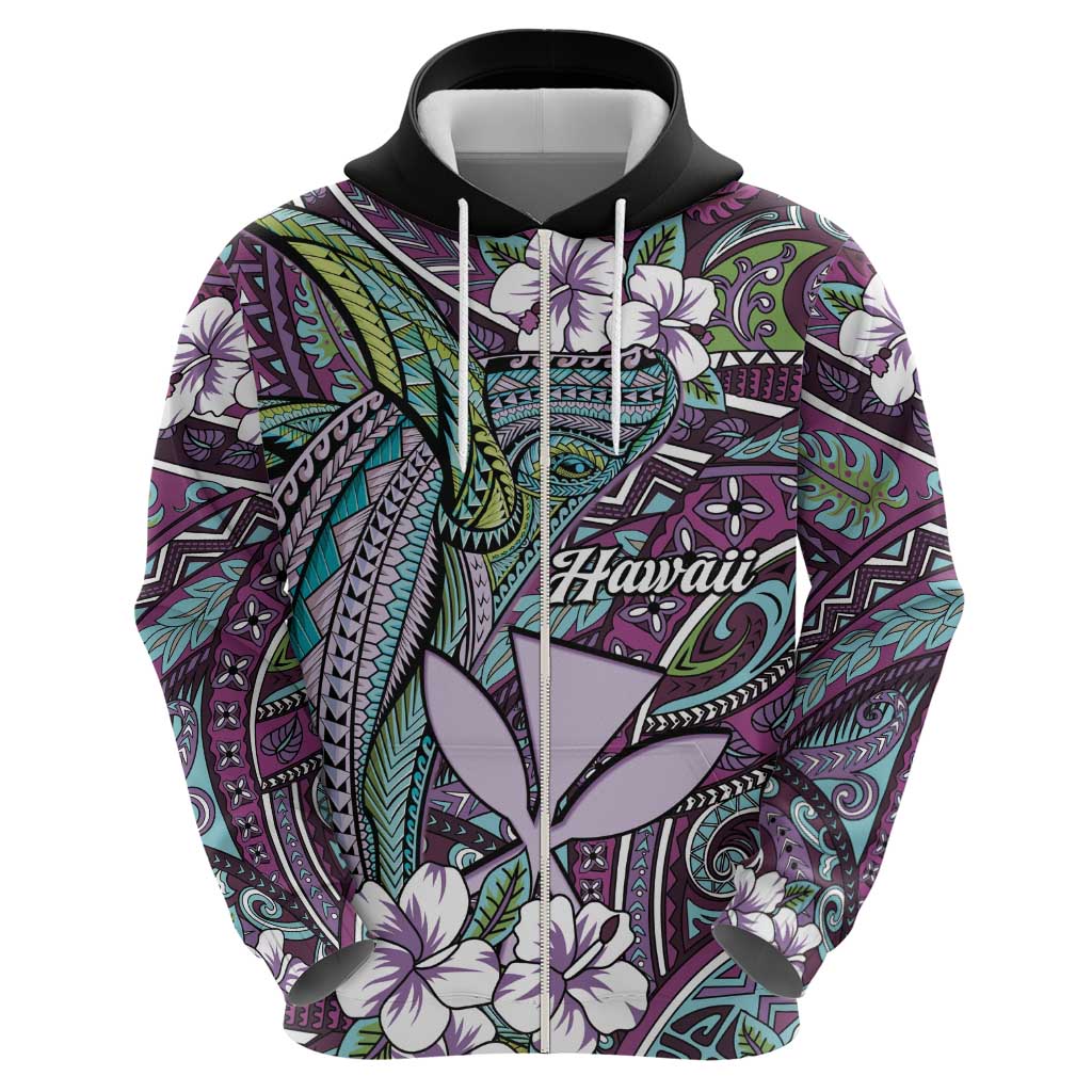 Personalised Hawaii Tribal Humpback Whale Zip Hoodie Poni Hibiscus Seamless Pattern LT9 - Polynesian Pride