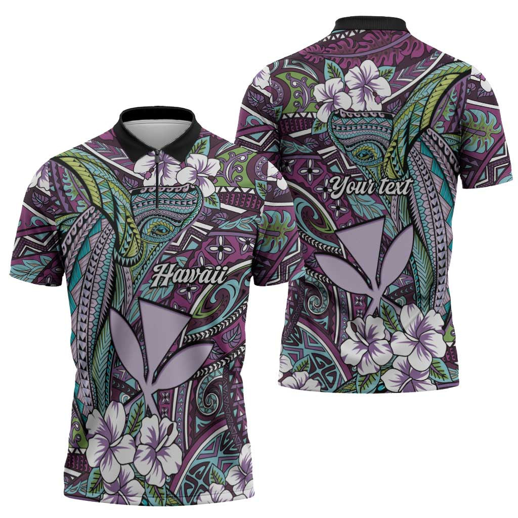 Personalised Hawaii Tribal Humpback Whale Zipper Polo Shirt Poni Hibiscus Seamless Pattern