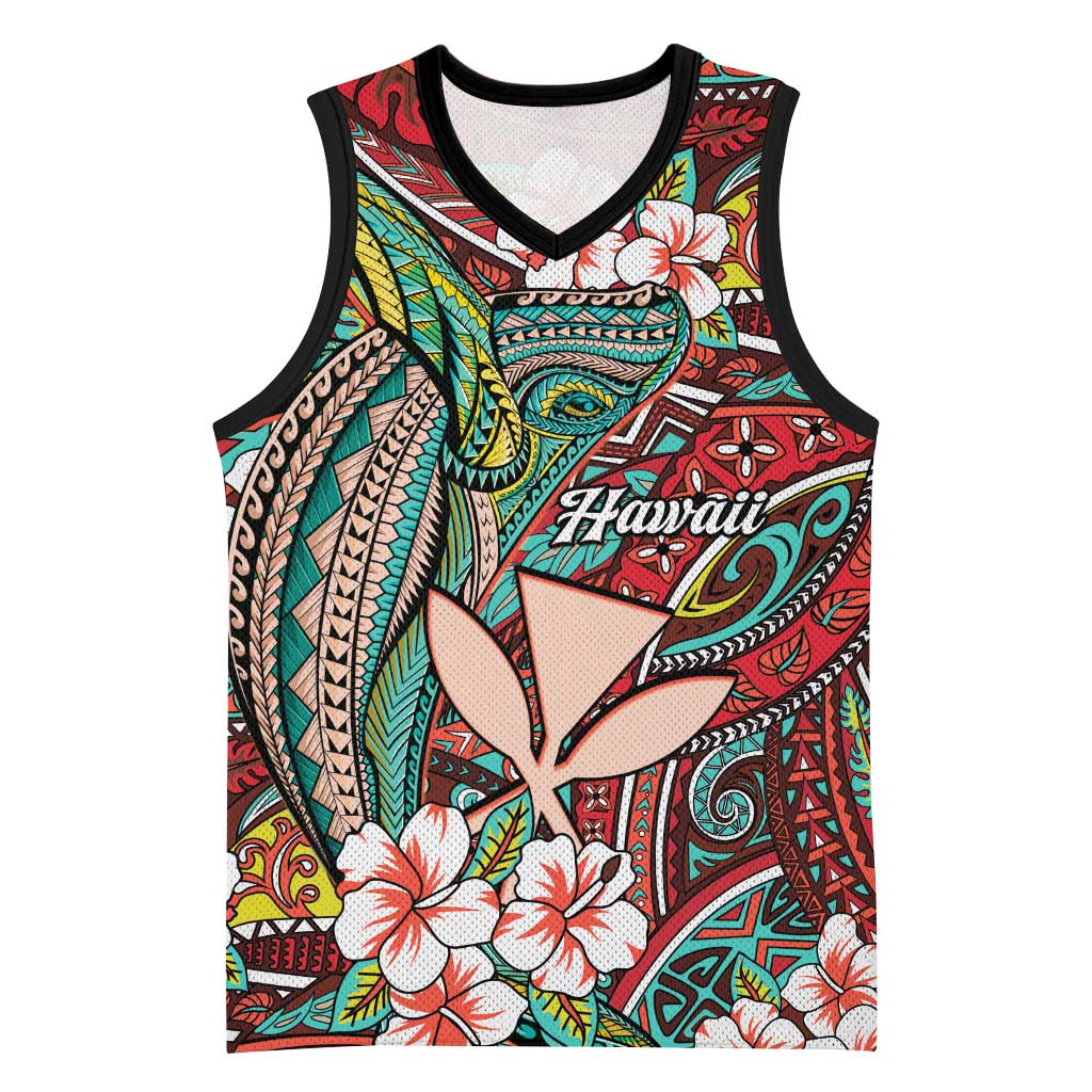 Personalised Hawaii Tribal Humpback Whale Basketball Jersey Ulaula Hibiscus Seamless Pattern LT9 Unisex Red - Polynesian Pride