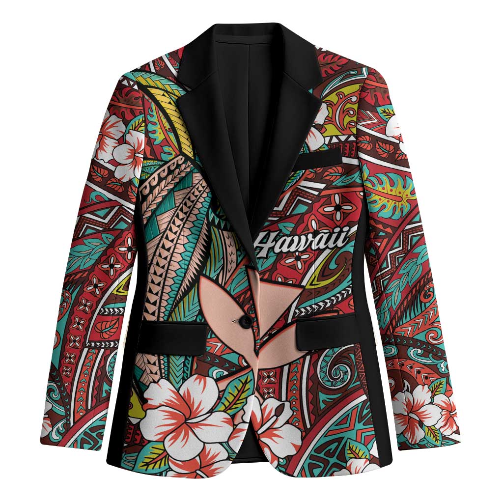 Personalised Hawaii Tribal Humpback Whale Blazer Ulaula Hibiscus Seamless Pattern LT9 Unisex Red - Polynesian Pride