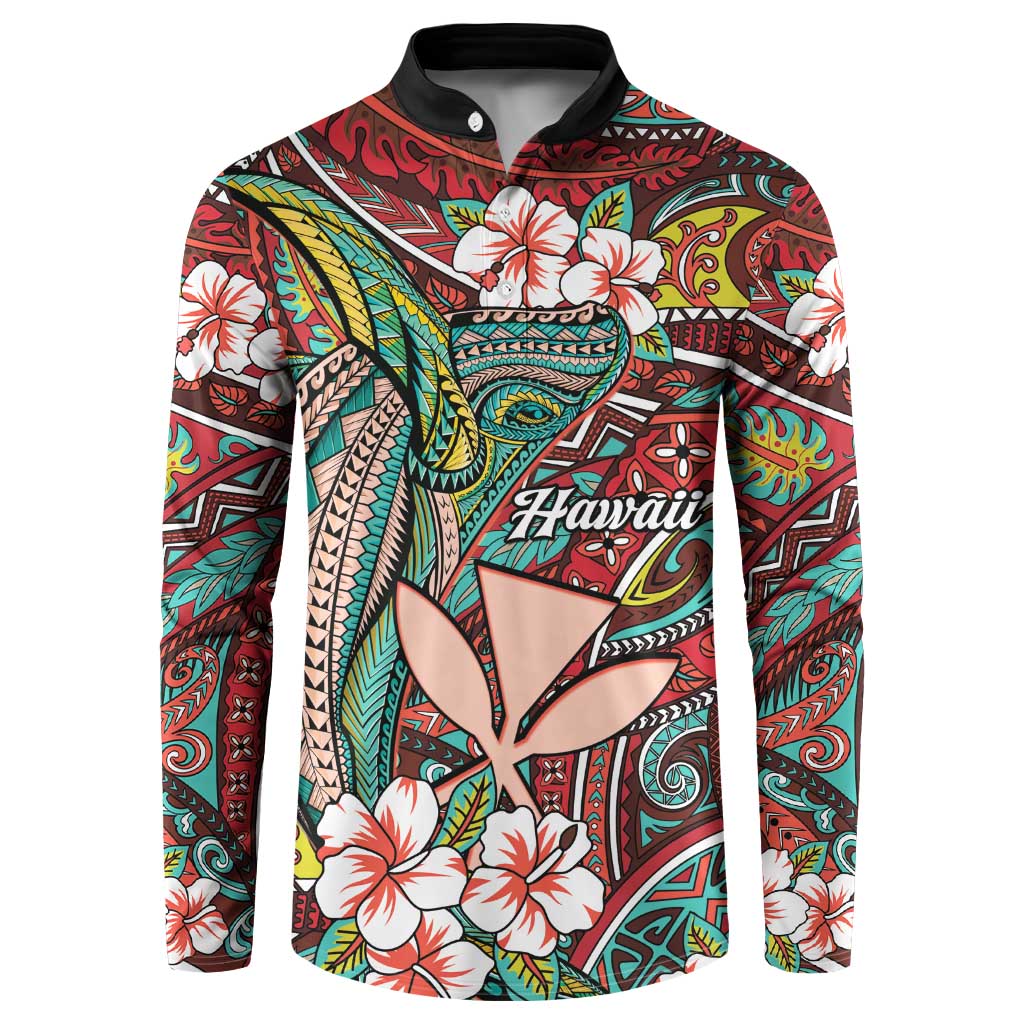 Personalised Hawaii Tribal Humpback Whale Button Sweatshirt Ulaula Hibiscus Seamless Pattern LT9 Red - Polynesian Pride