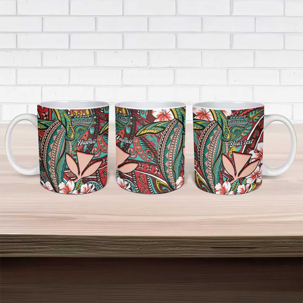 Personalised Hawaii Tribal Humpback Whale Ceramic Mug Ulaula Hibiscus Seamless Pattern