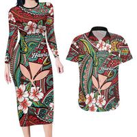 Personalised Hawaii Tribal Humpback Whale Couples Matching Long Sleeve Bodycon Dress and Hawaiian Shirt Ulaula Hibiscus Seamless Pattern LT9 Red - Polynesian Pride