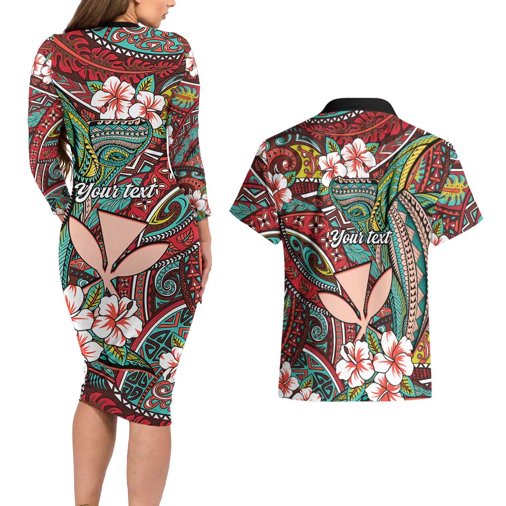 Personalised Hawaii Tribal Humpback Whale Couples Matching Long Sleeve Bodycon Dress and Hawaiian Shirt Ulaula Hibiscus Seamless Pattern LT9 - Polynesian Pride