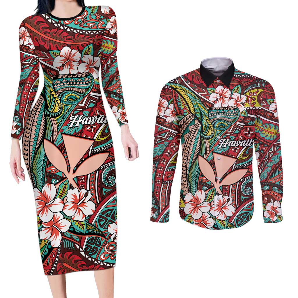Personalised Hawaii Tribal Humpback Whale Couples Matching Long Sleeve Bodycon Dress and Long Sleeve Button Shirt Ulaula Hibiscus Seamless Pattern LT9 Red - Polynesian Pride