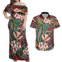 Personalised Hawaii Tribal Humpback Whale Couples Matching Off Shoulder Maxi Dress and Hawaiian Shirt Ulaula Hibiscus Seamless Pattern LT9 Red - Polynesian Pride
