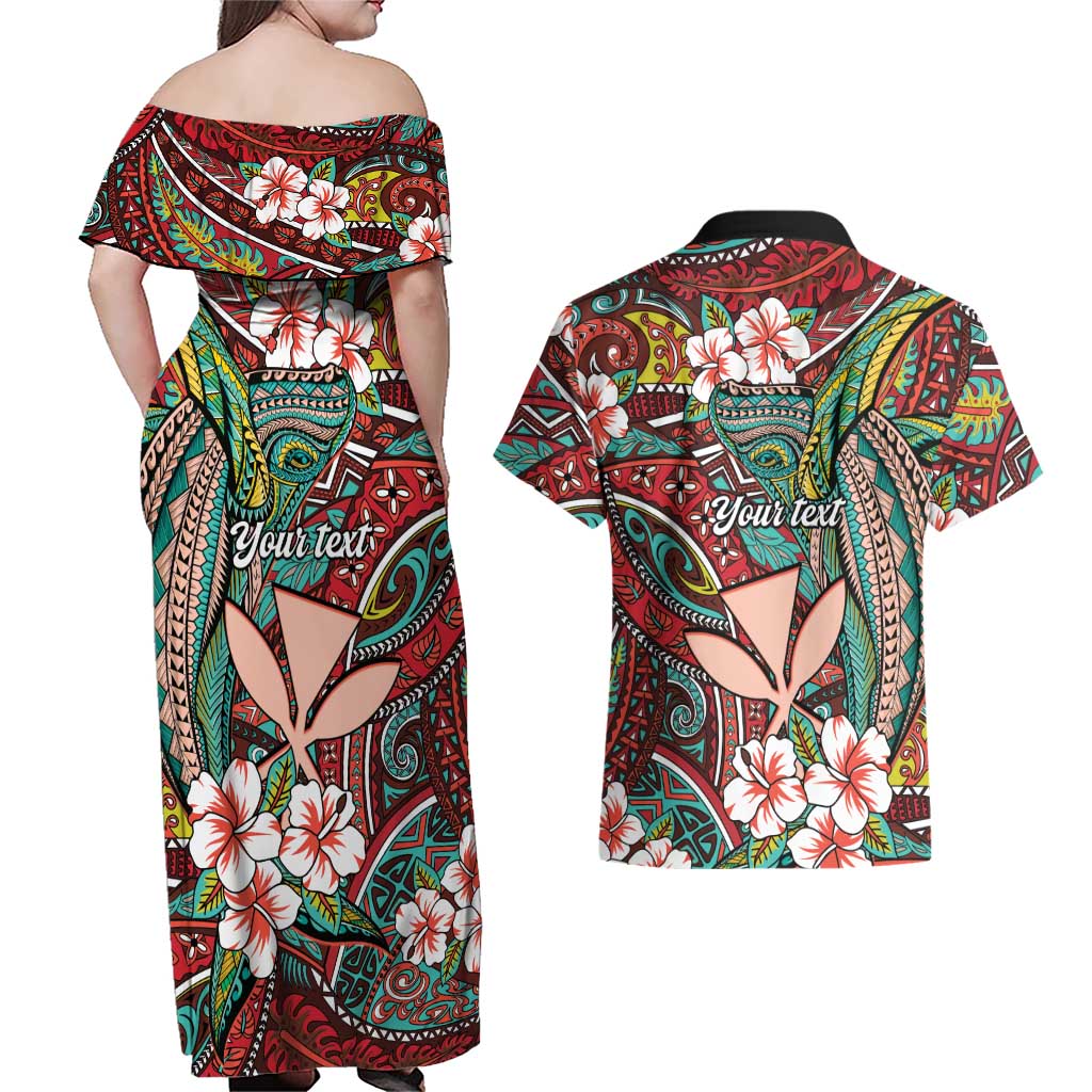 Personalised Hawaii Tribal Humpback Whale Couples Matching Off Shoulder Maxi Dress and Hawaiian Shirt Ulaula Hibiscus Seamless Pattern LT9 - Polynesian Pride