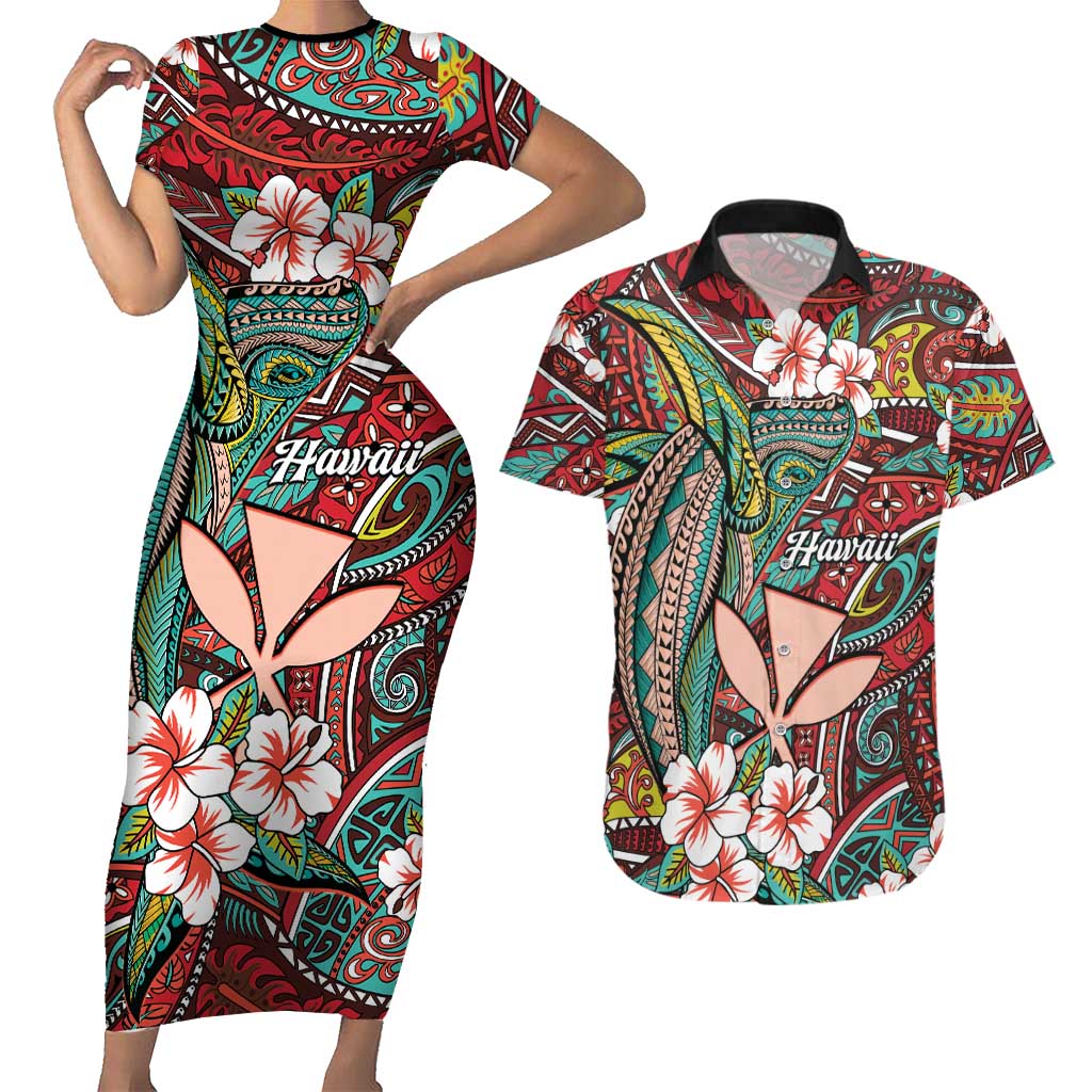 Personalised Hawaii Tribal Humpback Whale Couples Matching Short Sleeve Bodycon Dress and Hawaiian Shirt Ulaula Hibiscus Seamless Pattern LT9 Red - Polynesian Pride
