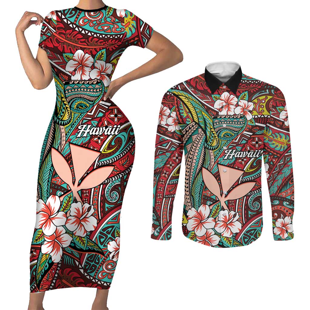 Personalised Hawaii Tribal Humpback Whale Couples Matching Short Sleeve Bodycon Dress and Long Sleeve Button Shirt Ulaula Hibiscus Seamless Pattern LT9 Red - Polynesian Pride