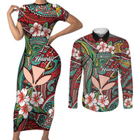 Personalised Hawaii Tribal Humpback Whale Couples Matching Short Sleeve Bodycon Dress and Long Sleeve Button Shirt Ulaula Hibiscus Seamless Pattern LT9 Red - Polynesian Pride