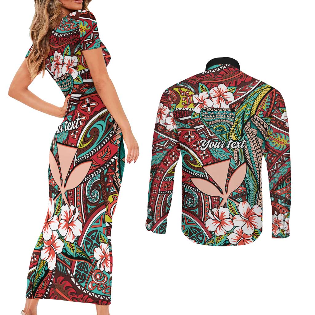 Personalised Hawaii Tribal Humpback Whale Couples Matching Short Sleeve Bodycon Dress and Long Sleeve Button Shirt Ulaula Hibiscus Seamless Pattern LT9 - Polynesian Pride